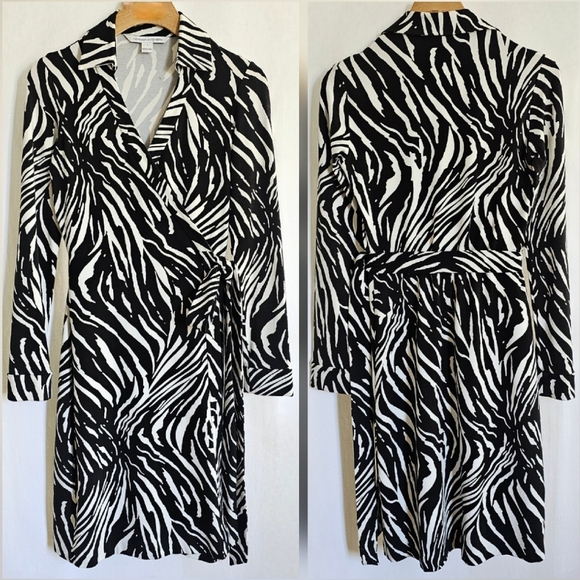 Diane Von Furstenberg Black & White Long Sleeve Animal Print Midi Wrap Dress - Picture 8 of 16